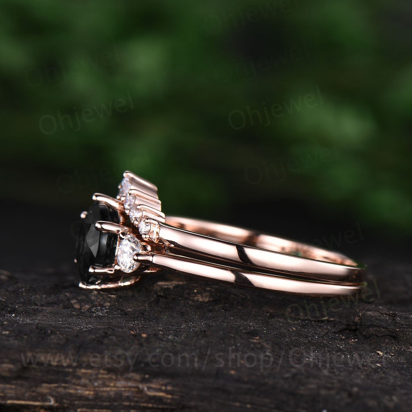 Vintage black rutilated quartz engagement ring set three stone ring moissanite ring for women antique rose gold ring bridal set jewelry gift