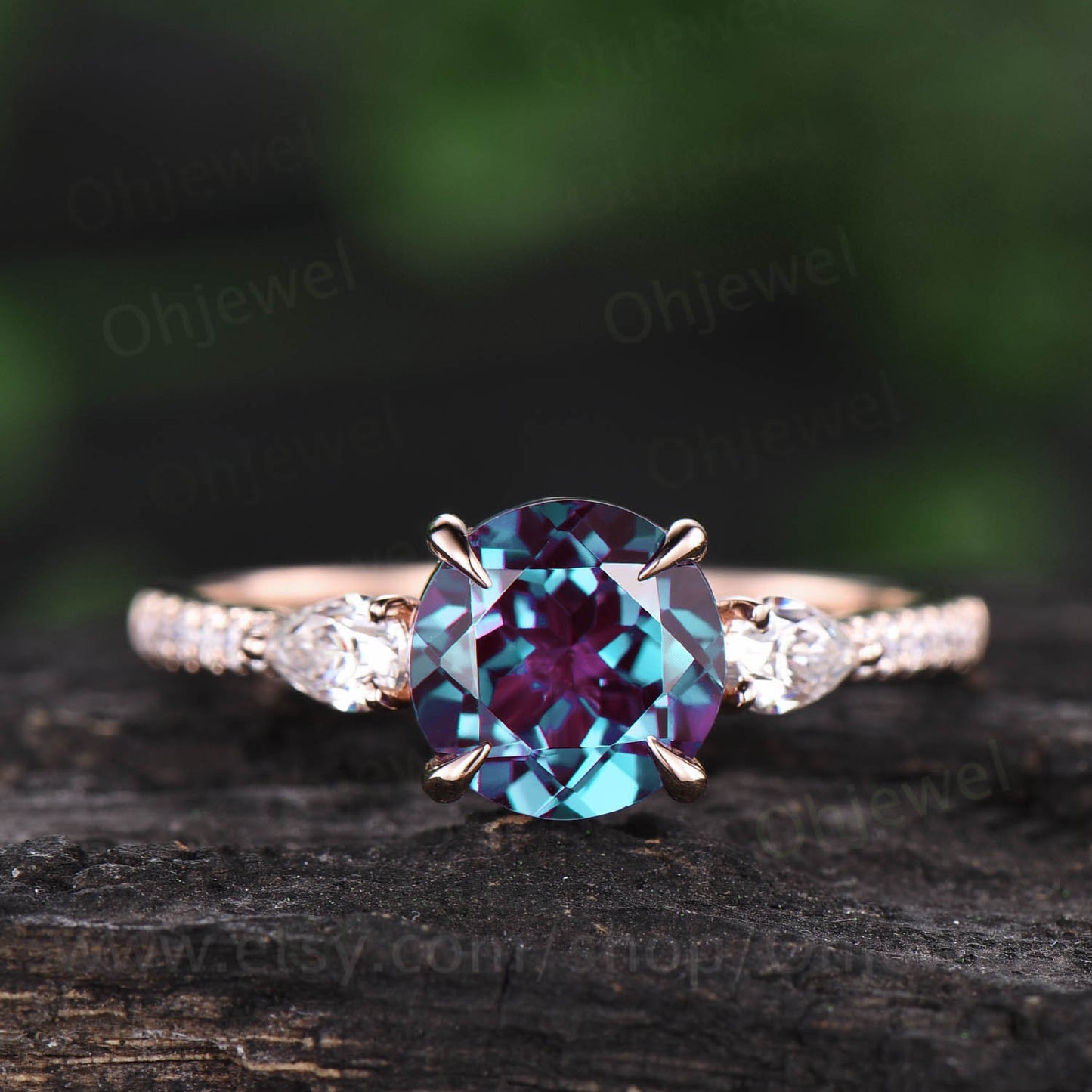 Round Alexandrite engagement ring for women vintage unique best engagement ring pear moissanite ring rose gold half eternity diamond ring
