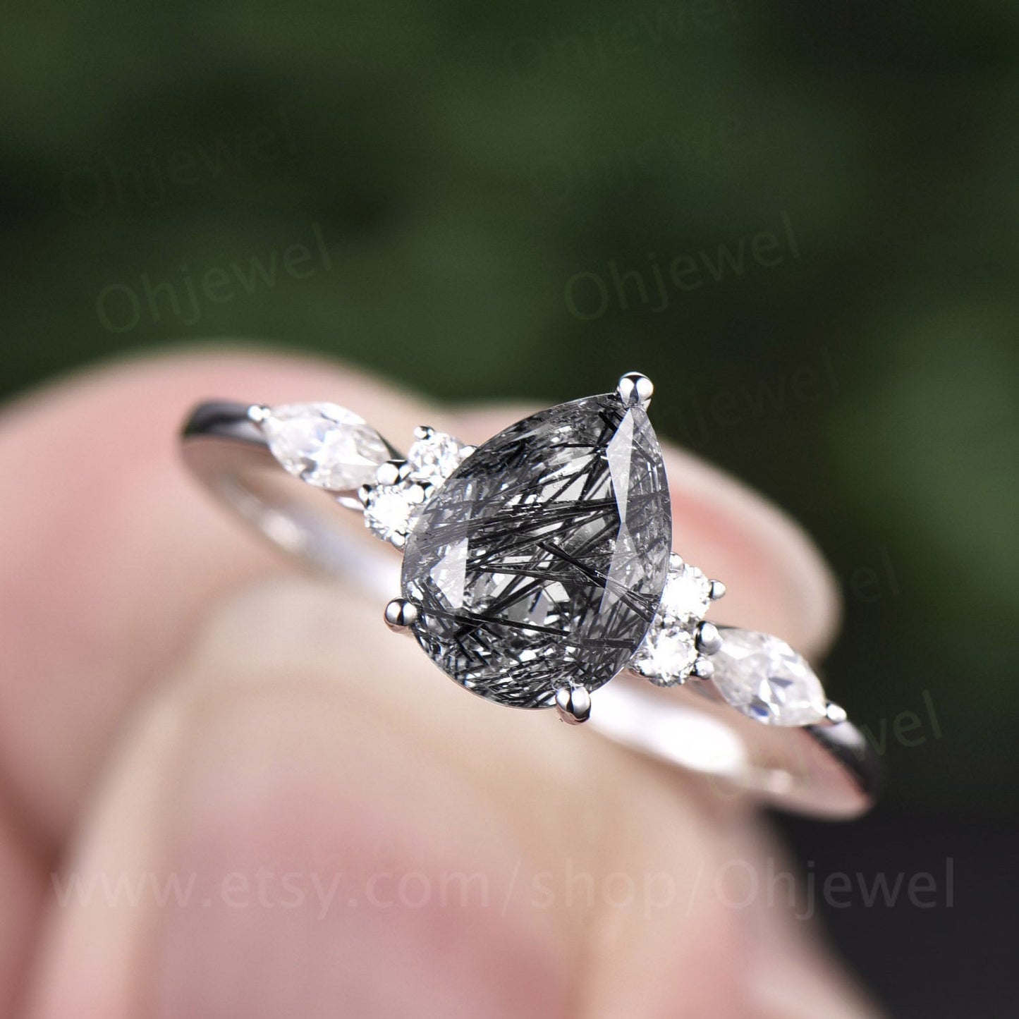 Pear black rutilated quartz engagement ring for women vintage marquise moissanite ring rose gold black stone ring anniversary wedding ring