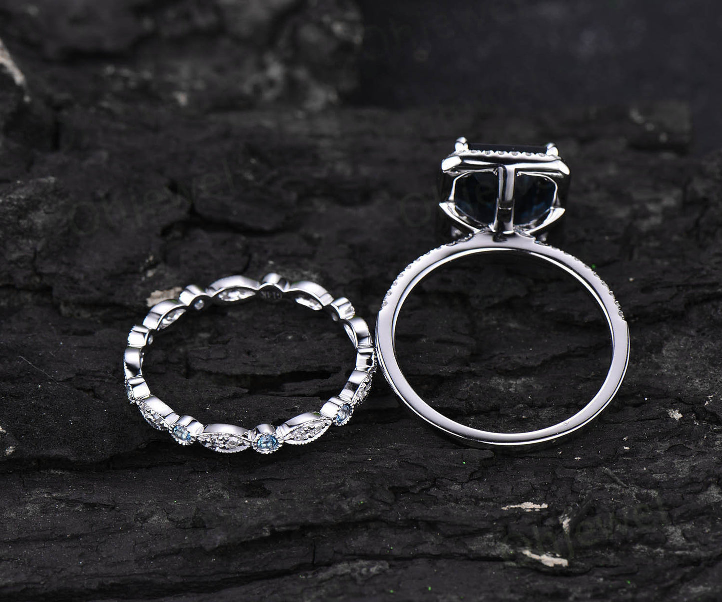 Emerald cut London blue topaz engagement ring set white gold ring moissanite halo ring full eternity topaz wedding band promise ring set