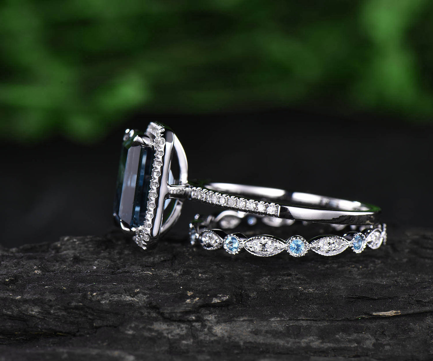Emerald cut London blue topaz engagement ring set white gold ring moissanite halo ring full eternity topaz wedding band promise ring set