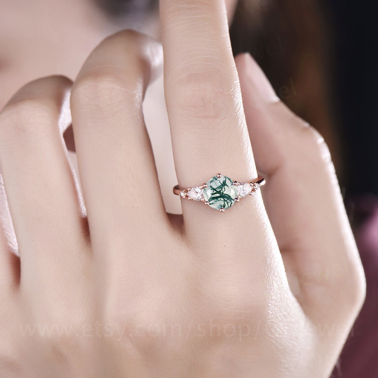 Round moss agate ring vintage moss agate engagement ring five stone ring rose gold ring for women pear moissanite ring unique bridal ring