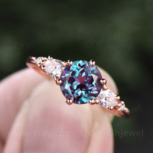 Round Alexandrite five stone ring vintage Alexandrite engagement ring rose gold women pear shaped moissanite ring color change stone ring