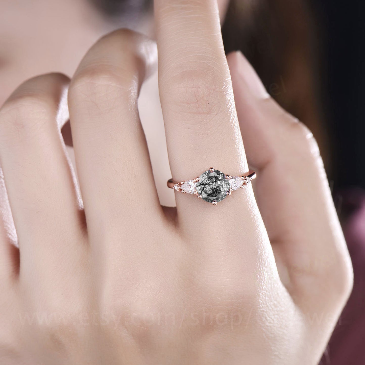 Vintage black rutilated quartz engagement ring five stone rose gold ring unique moissanite ring black stone ring wedding anniversary ring