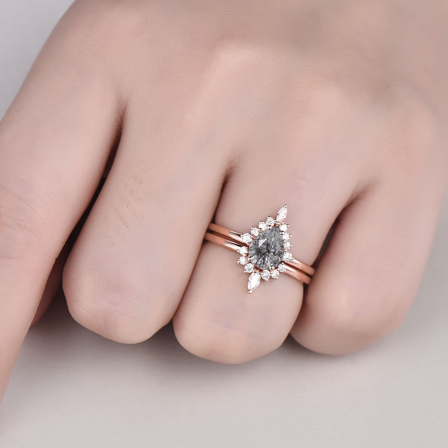 Pear black rutilated quartz engagement ring set rose gold ring set marquise moissanite ring set dainty jewelry unqiue bridal set rings gift
