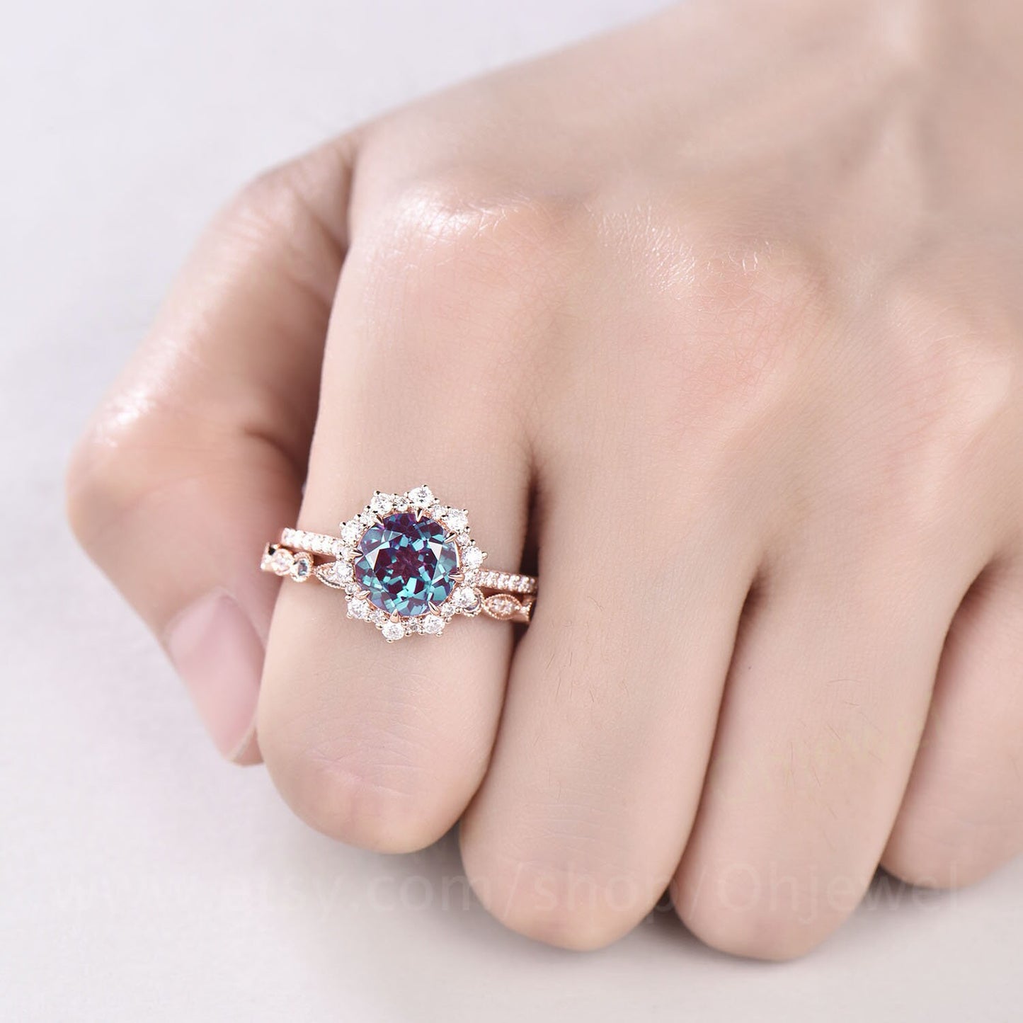 2ct Alexandrite ring set vintage Alexandrite engagement ring set unique halo rose gold engagement ring moissanite wedding ring set women