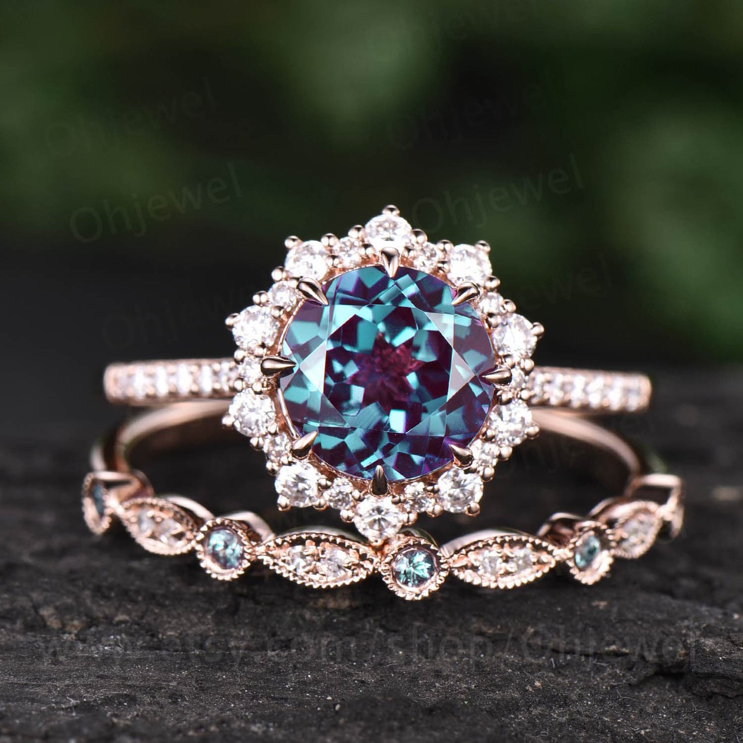 2ct Alexandrite ring set vintage Alexandrite engagement ring set unique halo rose gold engagement ring moissanite wedding ring set women