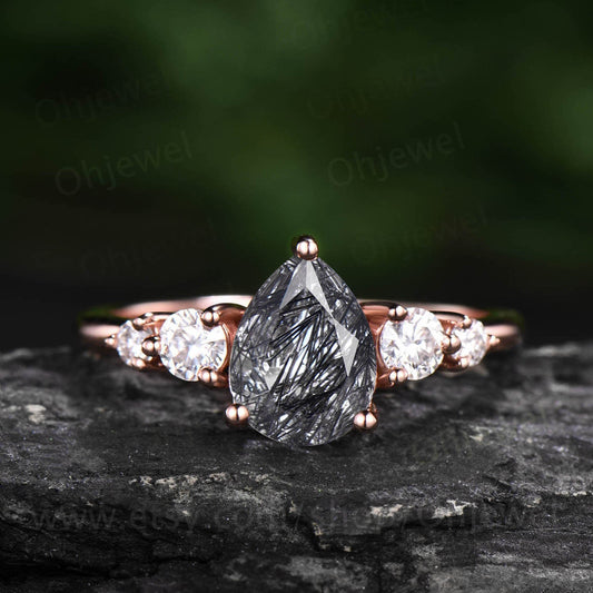 Pear vintage black rutilated quartz engagement ring for women rose gold moissanite five stone ring black stone ring wedding bridal ring gift