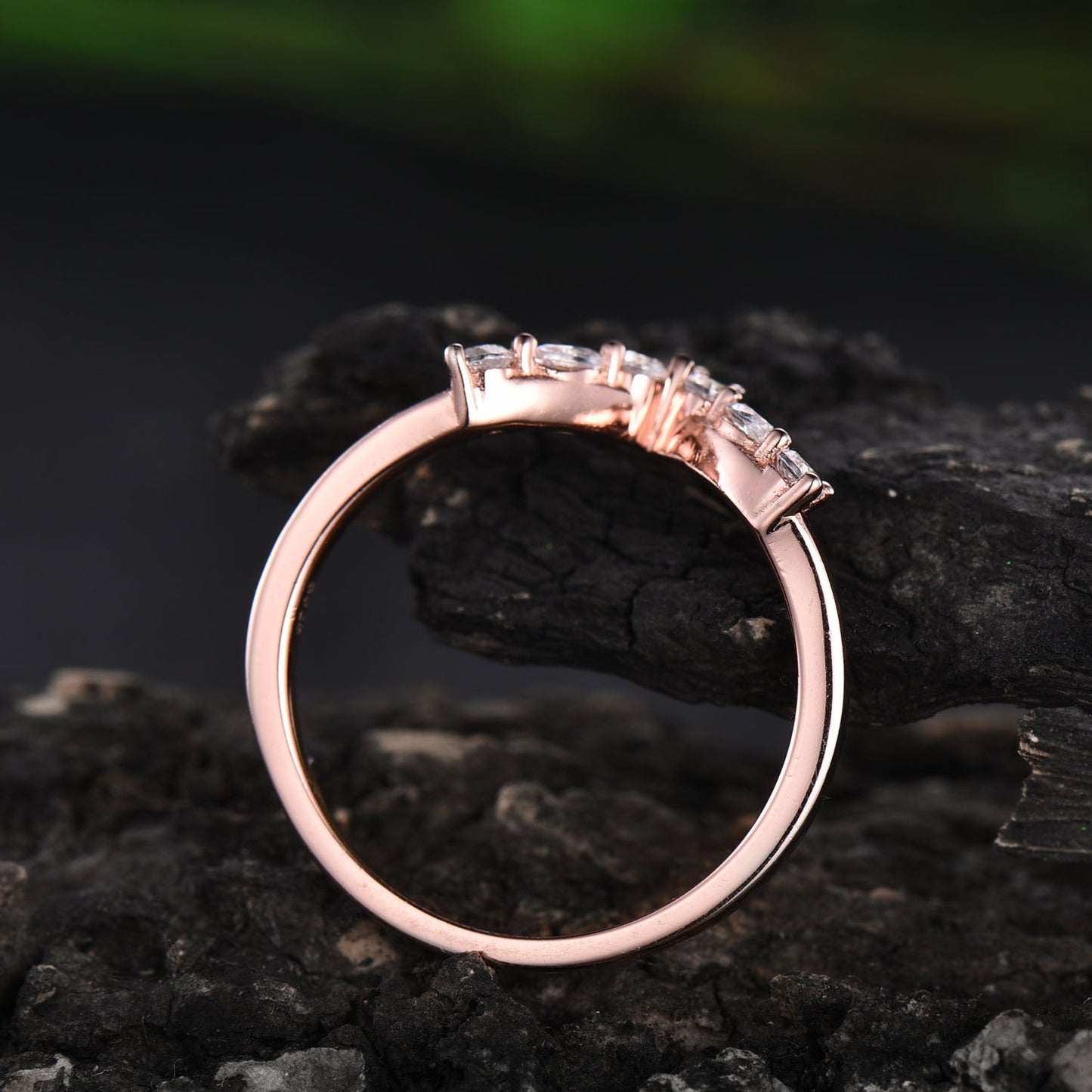 V shaped curved moissanite wedding band marquise ring 7 stone ring solid 10k 14k 18k rose gold ring vintage unique wedding ring bridal gift