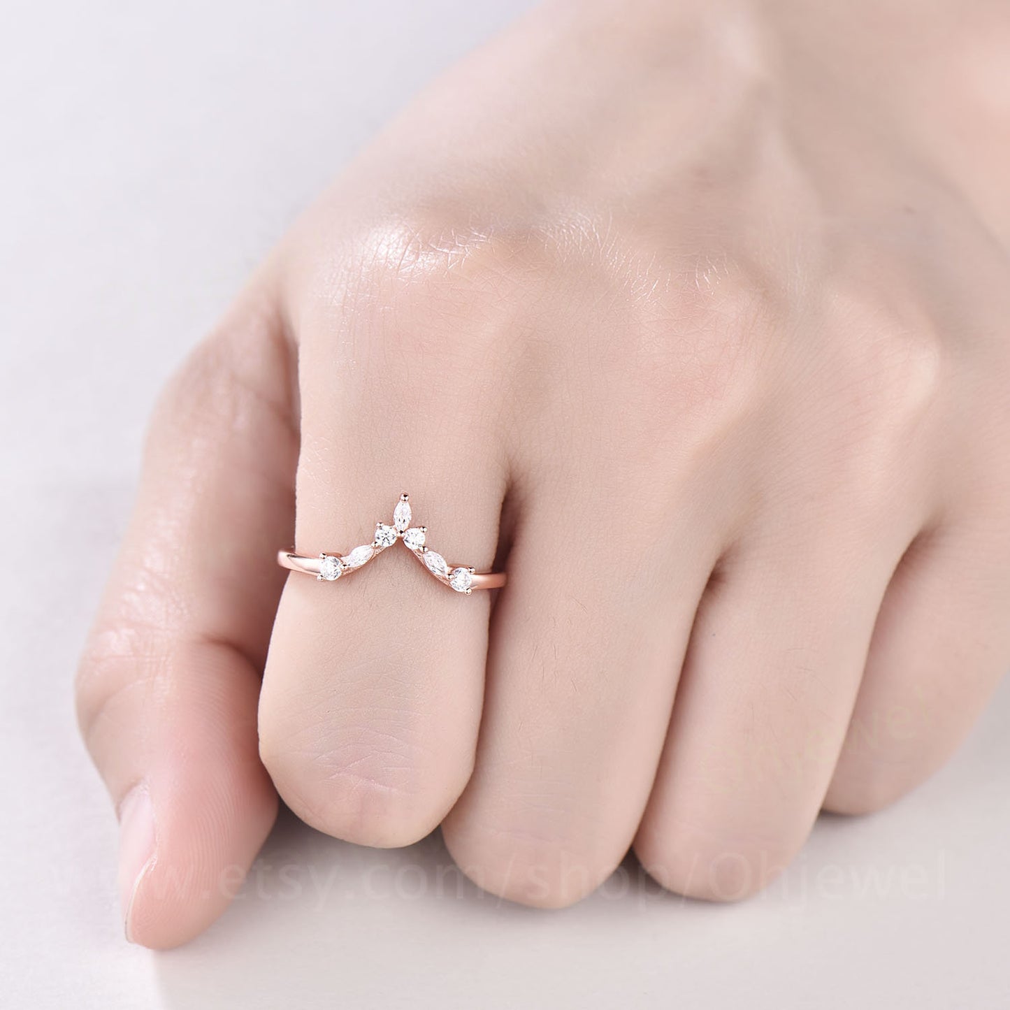 V shaped curved moissanite wedding band marquise ring 7 stone ring solid 10k 14k 18k rose gold ring vintage unique wedding ring bridal gift