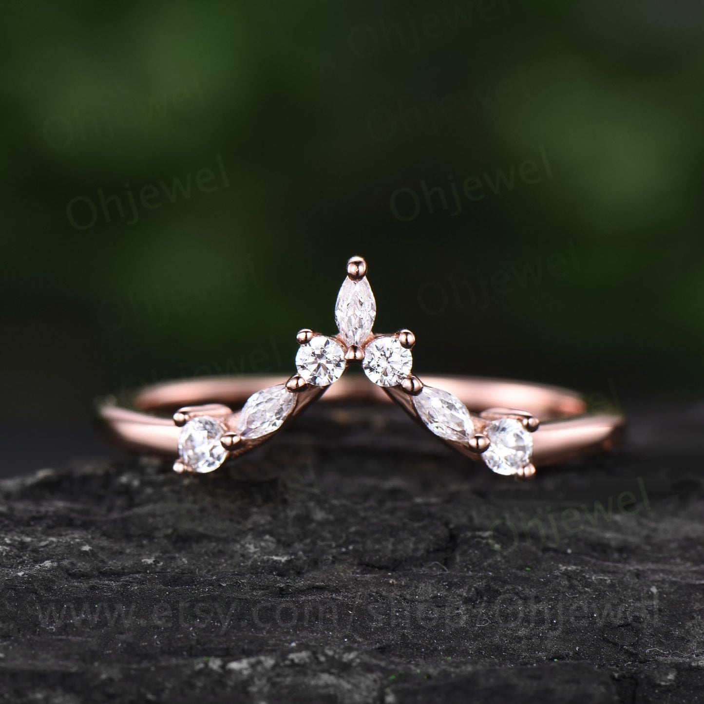 V shaped curved moissanite wedding band marquise ring 7 stone ring solid 10k 14k 18k rose gold ring vintage unique wedding ring bridal gift