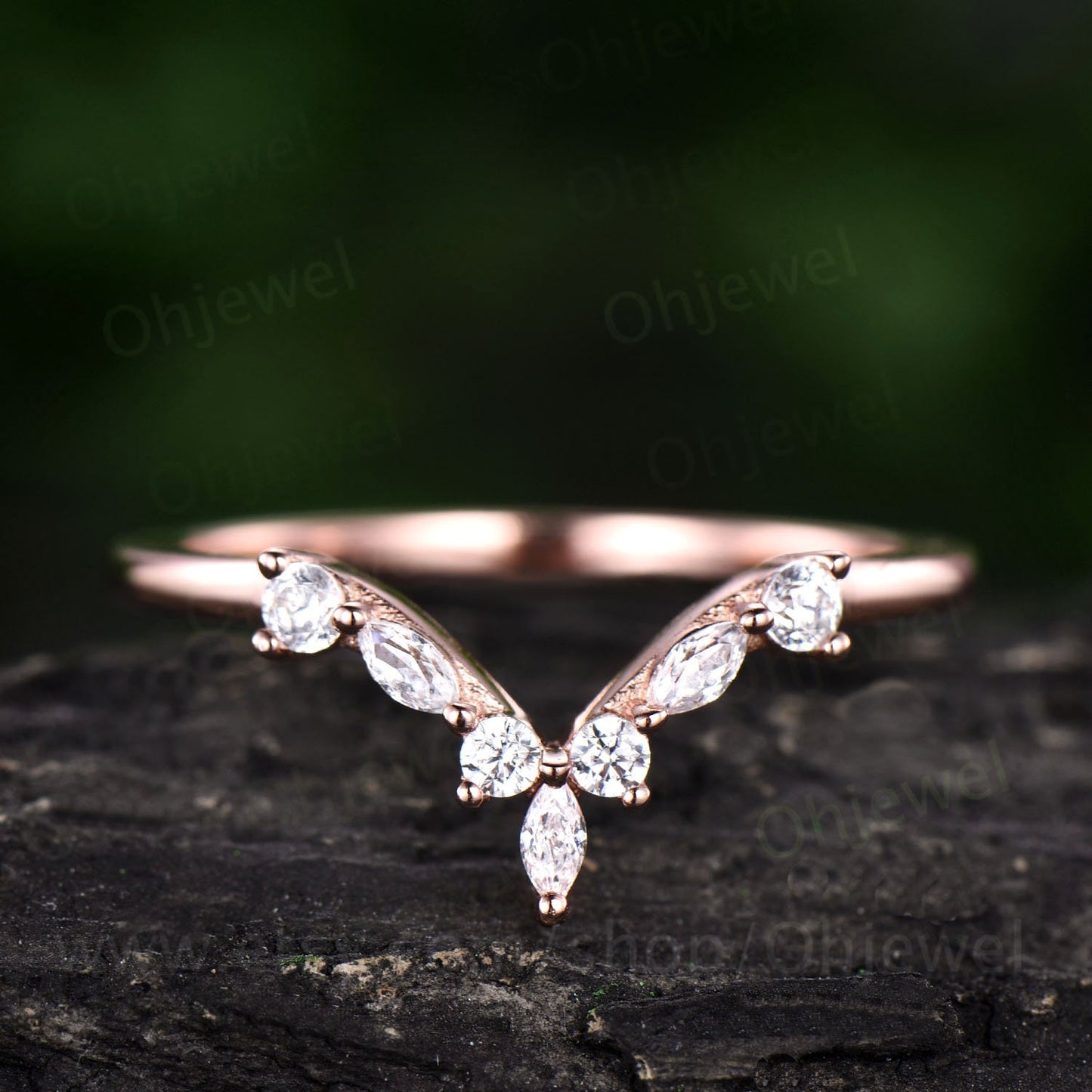 Custom link-V shaped curved moissanite wedding band marquise ring 7 stone ring vintage unique wedding ring bridal gift