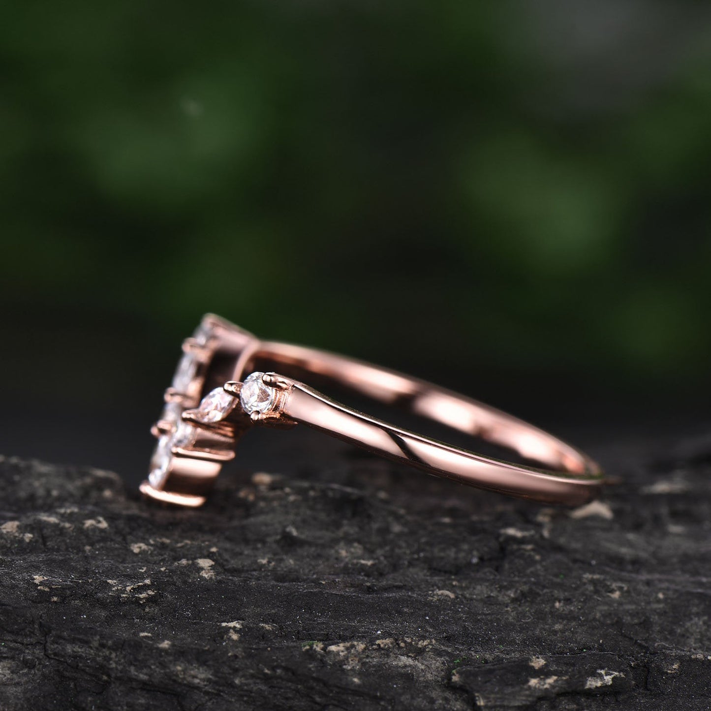 V shaped curved moissanite wedding band marquise ring 7 stone ring solid 10k 14k 18k rose gold ring vintage unique wedding ring bridal gift