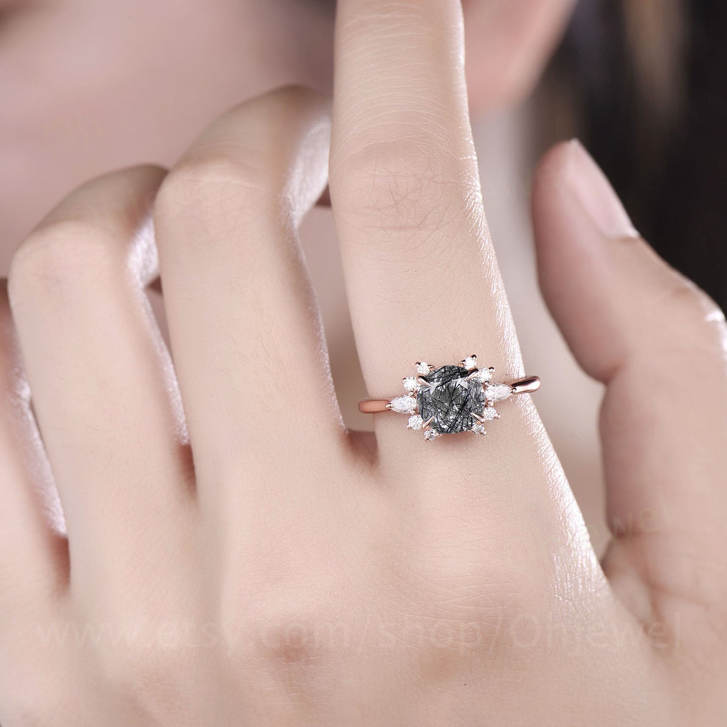 Round black rutilated quartz engagement ring vintage rose gold ring pear moissanite ring unique cluster ring bridal wedding gift for women