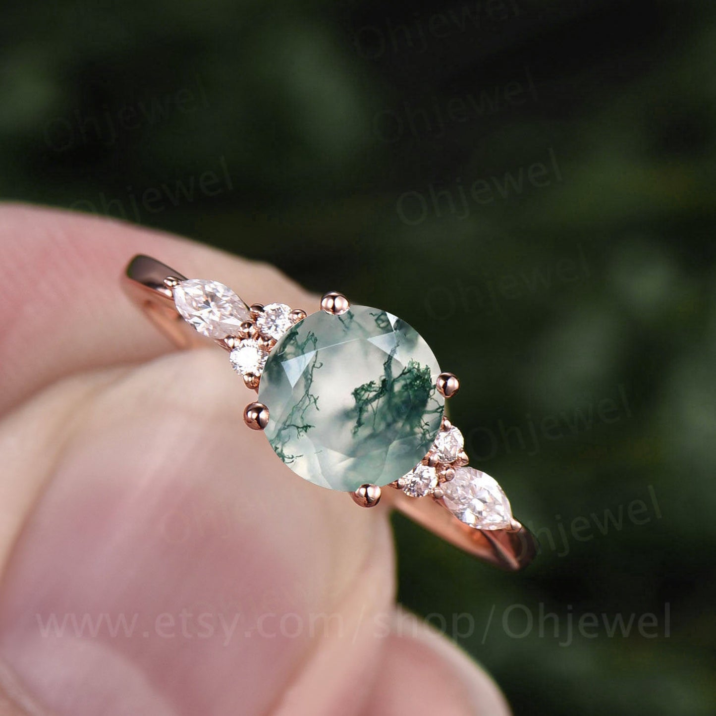 Round moss agate ring vintage moss agate engagement ring 7 stone moissanite ring rose gold ring women art deco dainty jewelry promise ring