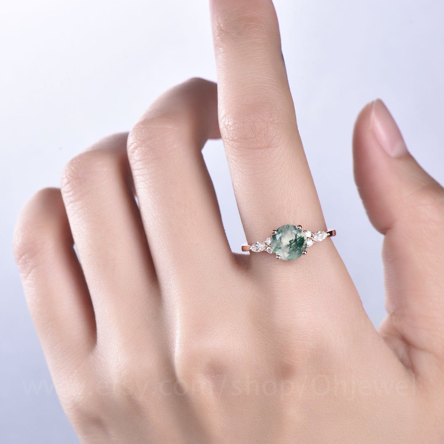 Round moss agate ring vintage moss agate engagement ring 7 stone moissanite ring rose gold ring women art deco dainty jewelry promise ring