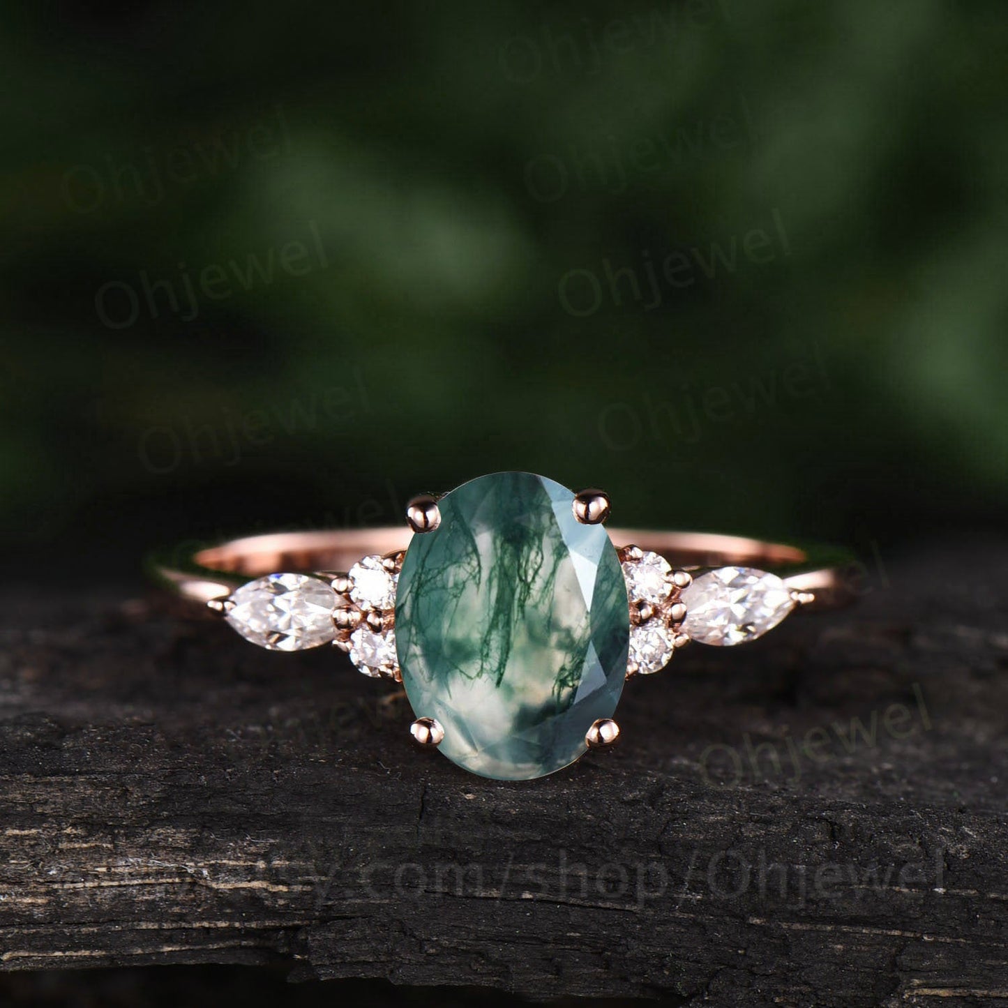 Unique vintage moss agate engagement ring for women marquise ring moissanite ring solid rose gold ring custom jewelry anniversary ring gift