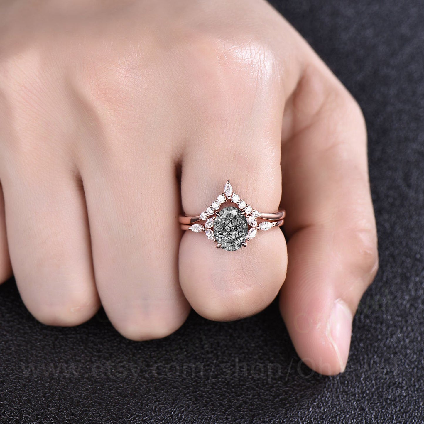 Vintage art deco engagement ring set oval black rutilated quartz engagement ring set rose gold ring set marquise moissanite ring set gift