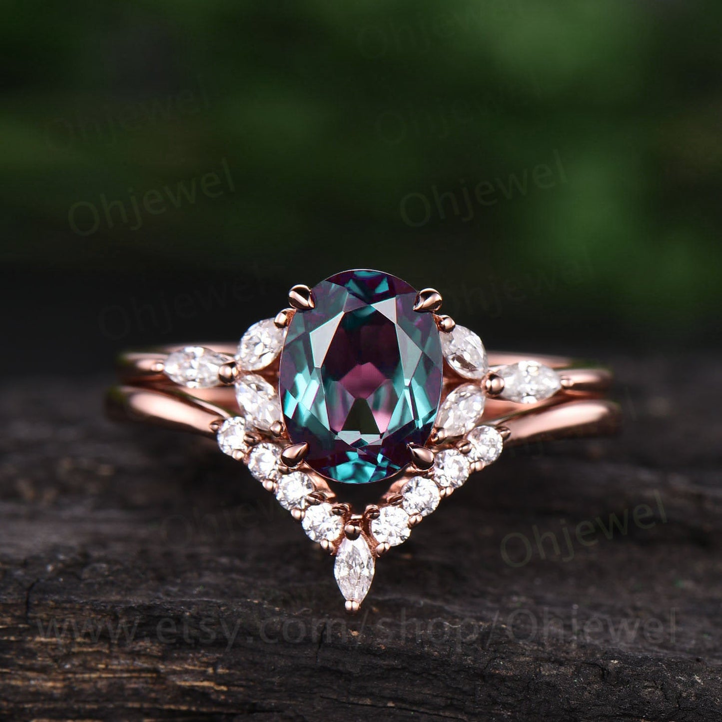 Oval Alexandrite ring set vintage Alexandrite engagement ring set unique moissanite ring set for women unique anniversary wedding bridal set