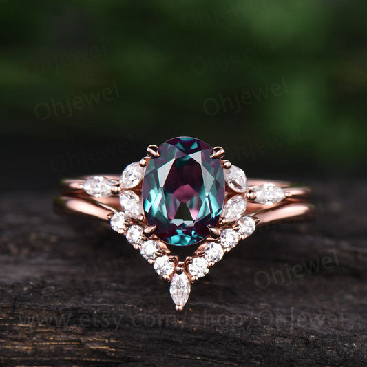 Oval Alexandrite ring set vintage Alexandrite engagement ring set unique moissanite ring set for women unique anniversary wedding bridal set