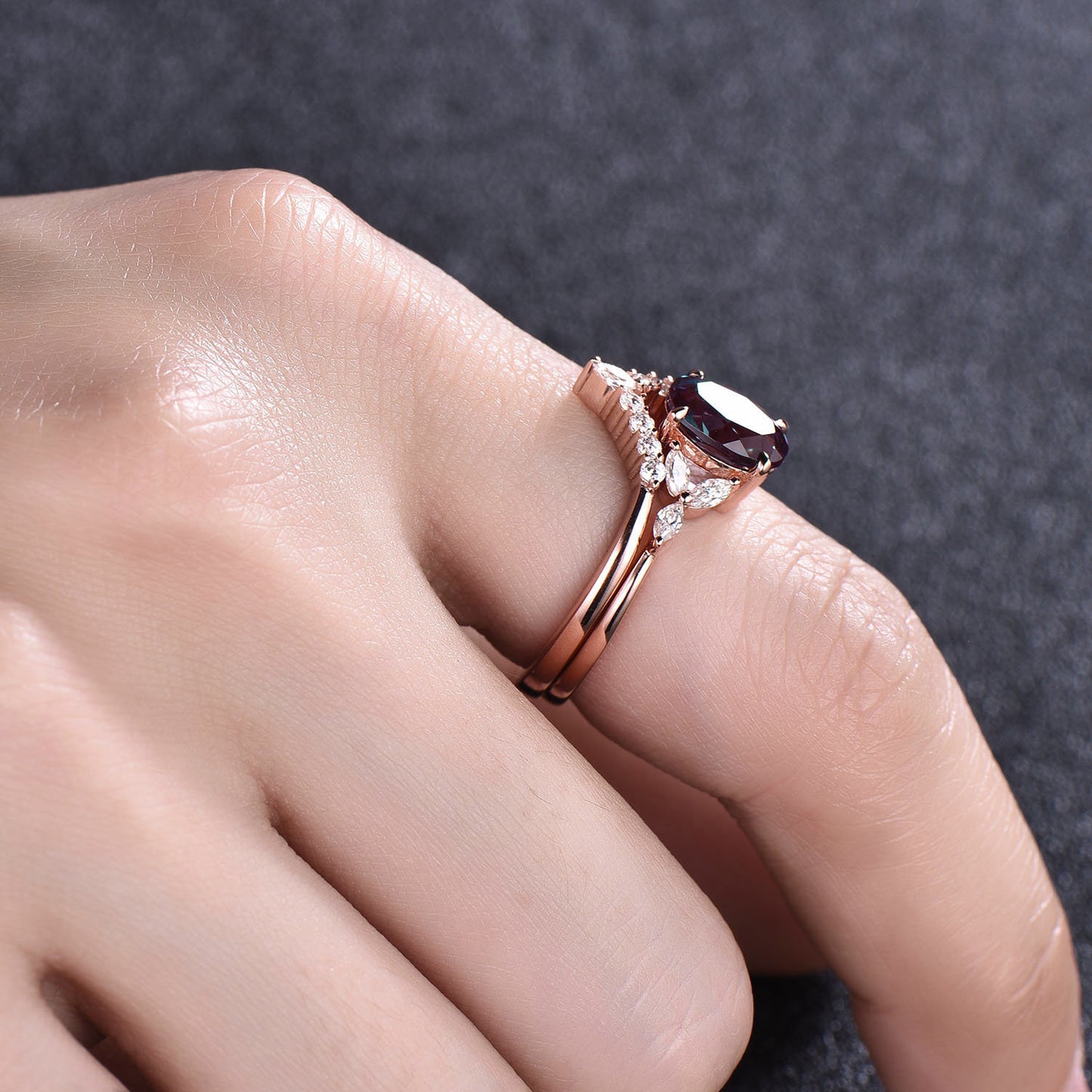 Oval Alexandrite ring set vintage Alexandrite engagement ring set unique moissanite ring set for women unique anniversary wedding bridal set