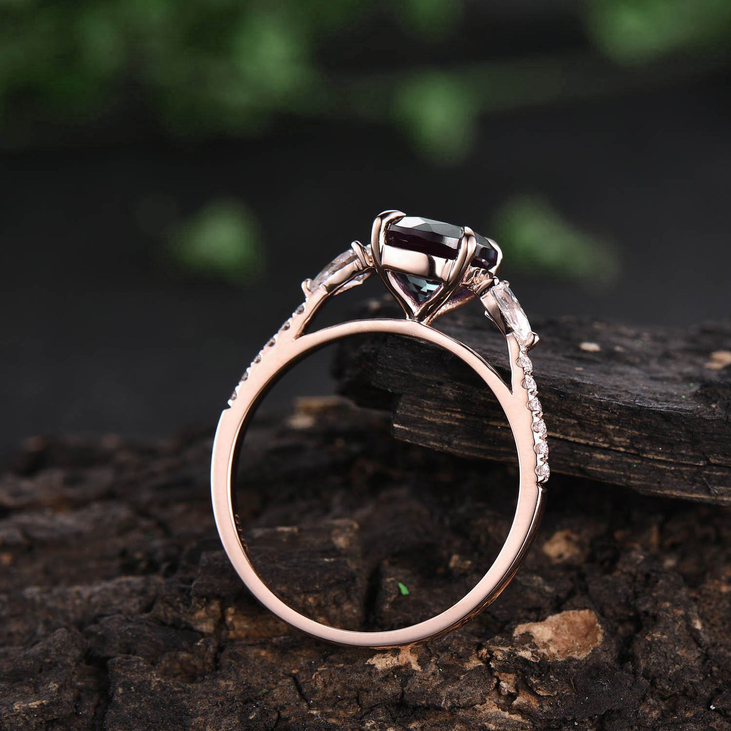 Round moss agate ring vintage moss agate engagement ring pear moissanite ring rose gold ring women half eternity dainty jewelry promise ring