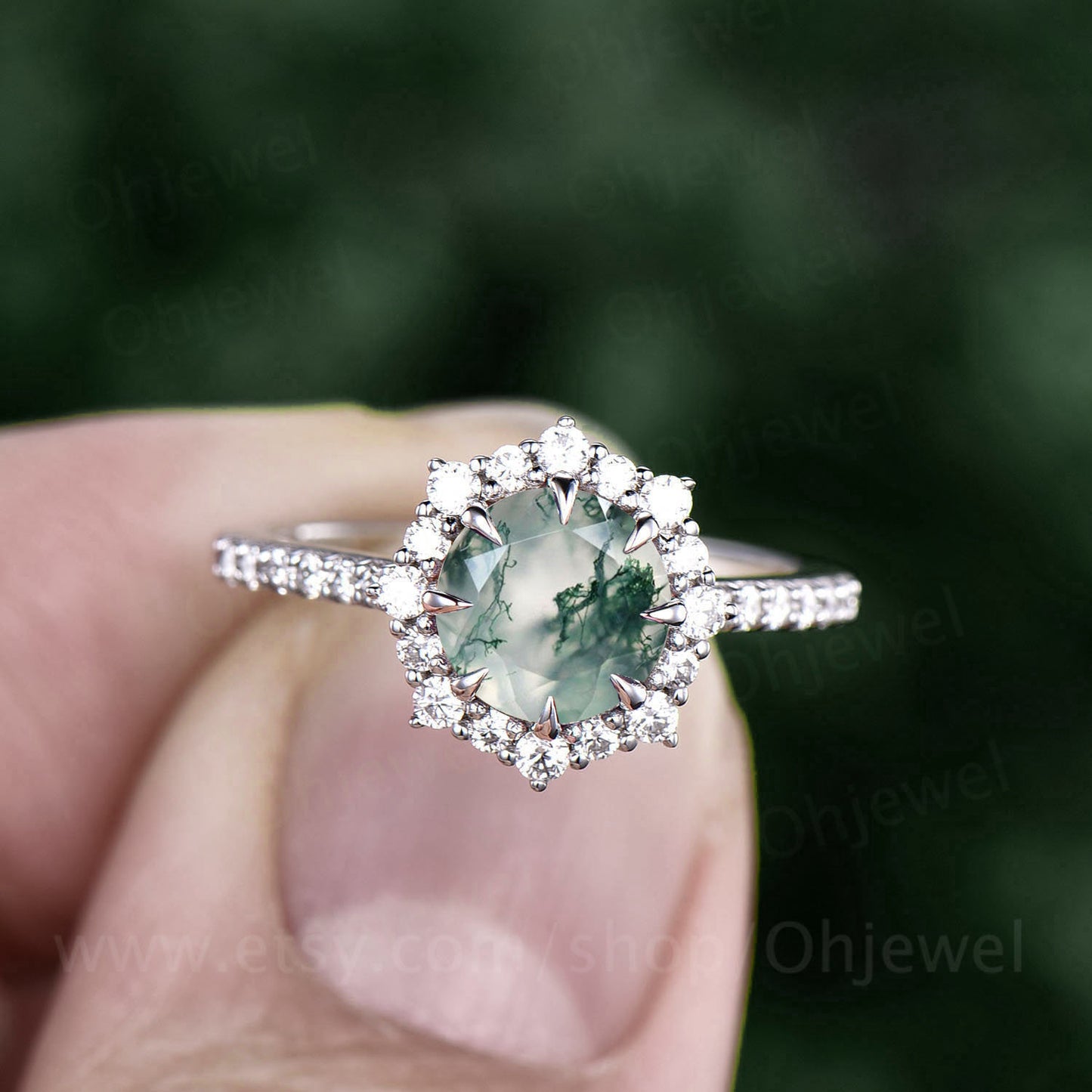 1ct moss agate ring for women vintage unique halo cluster moissanite ring moss agate engagement ring rose gold half eternity wedding ring