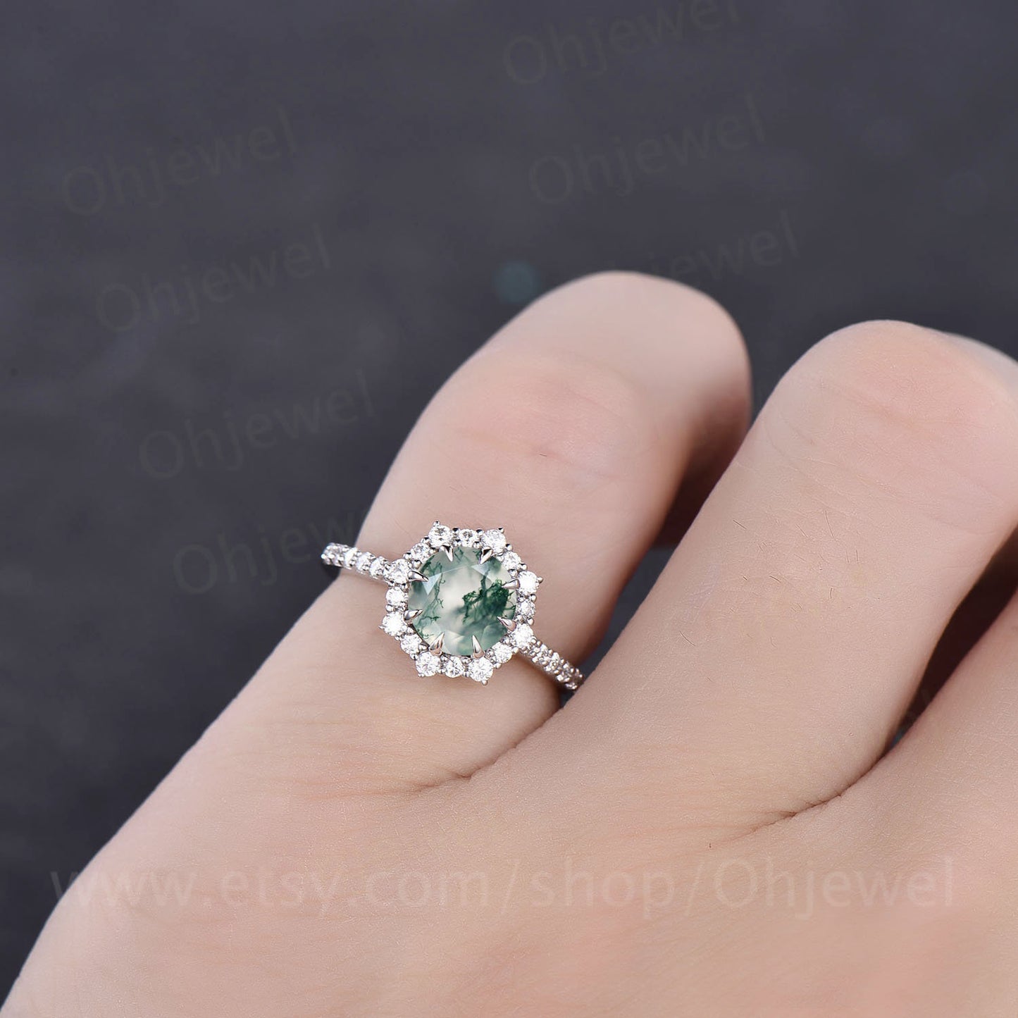 1ct moss agate ring for women vintage unique halo cluster moissanite ring moss agate engagement ring rose gold half eternity wedding ring