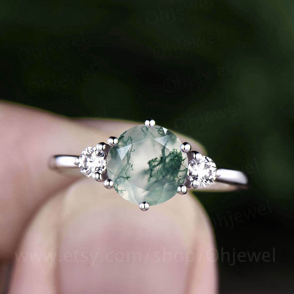 Three stone ring round moss agate ring vintage moss agate engagement ring moissanite ring rose gold for women jewelry dainty bridal ring