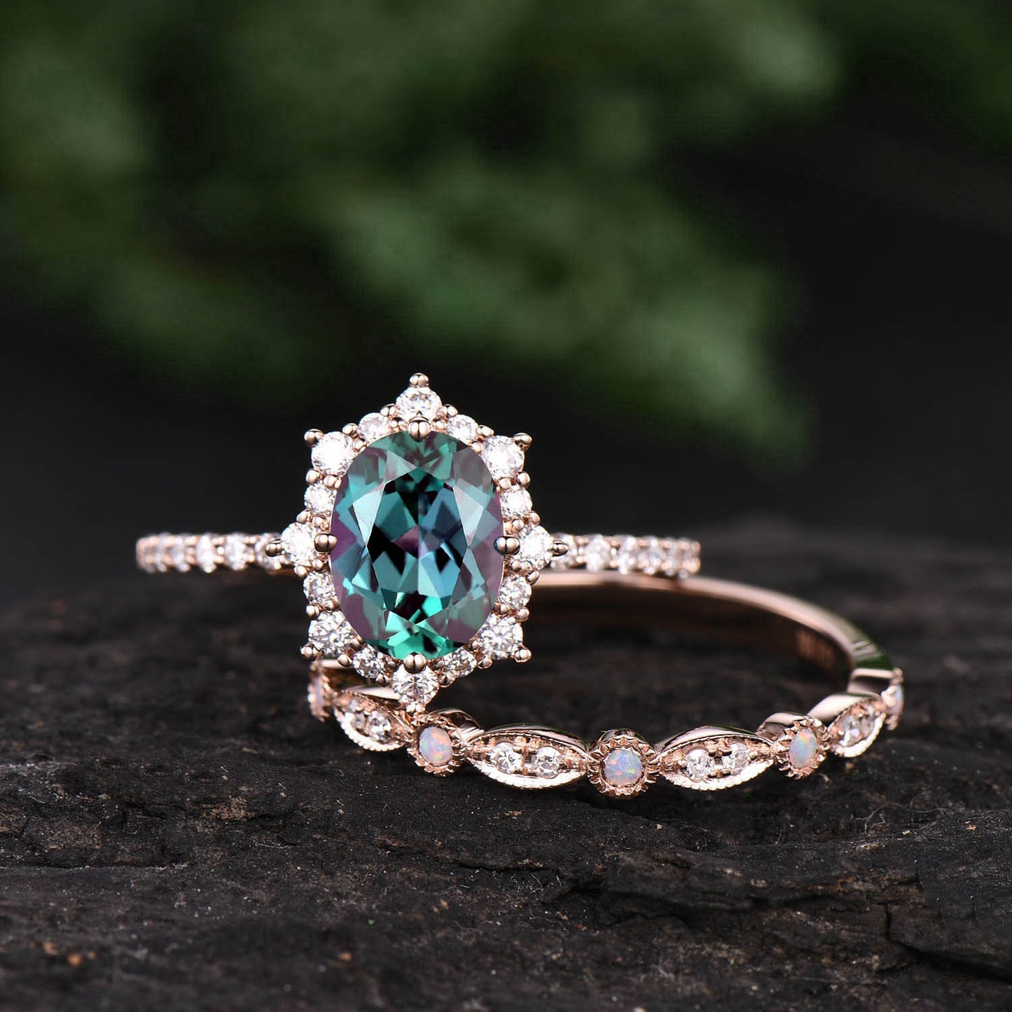 Color change Alexandrite engagement ring set vintage opal ring set diamond ring set rose gold ring set unqiue wedding ring set jewely gift