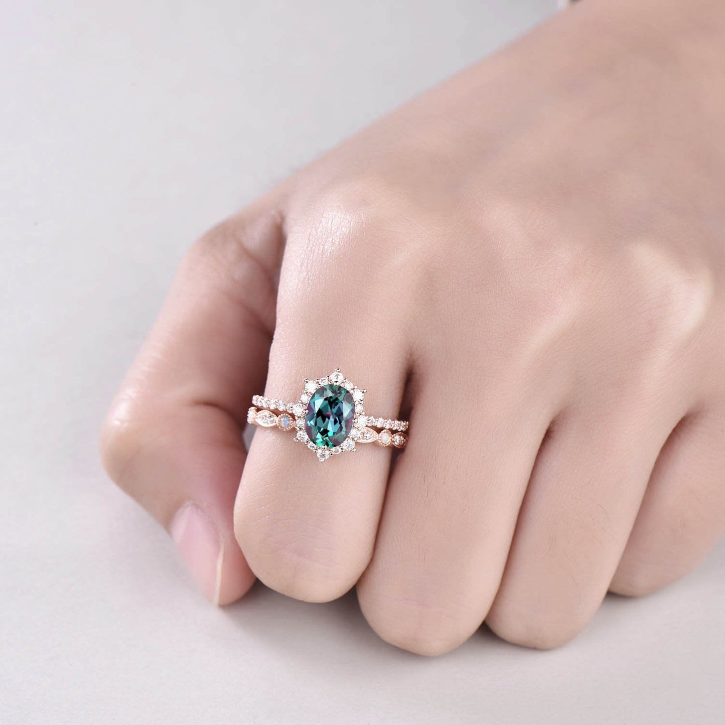 Color change Alexandrite engagement ring set vintage opal ring set diamond ring set rose gold ring set unqiue wedding ring set jewely gift