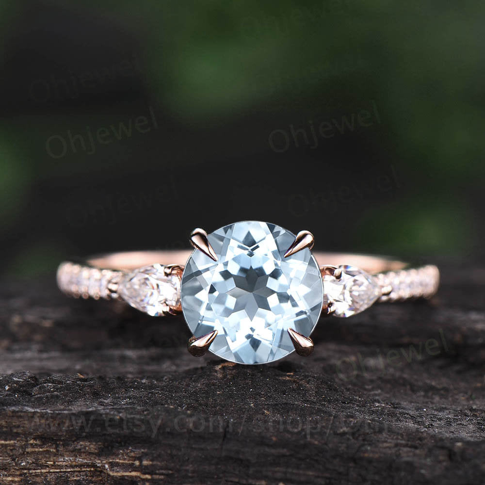 Round aquamarine engagement ring pear moissanite ring half eternity diamond ring rose gold ring March birthstone ring custom jewelry gift