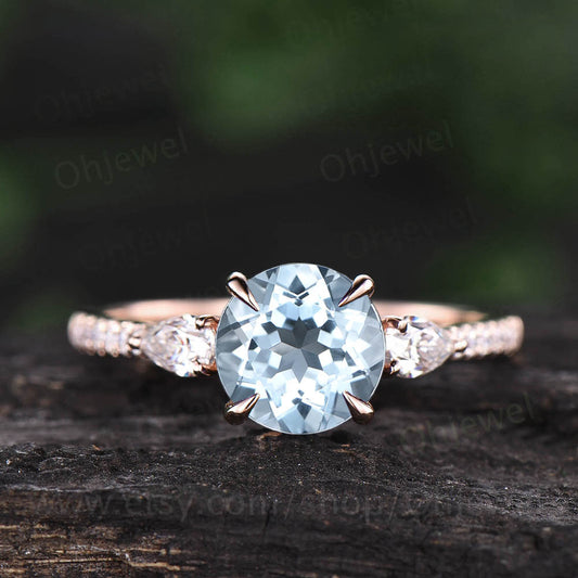 Round aquamarine engagement ring pear moissanite ring half eternity diamond ring rose gold ring March birthstone ring custom jewelry gift