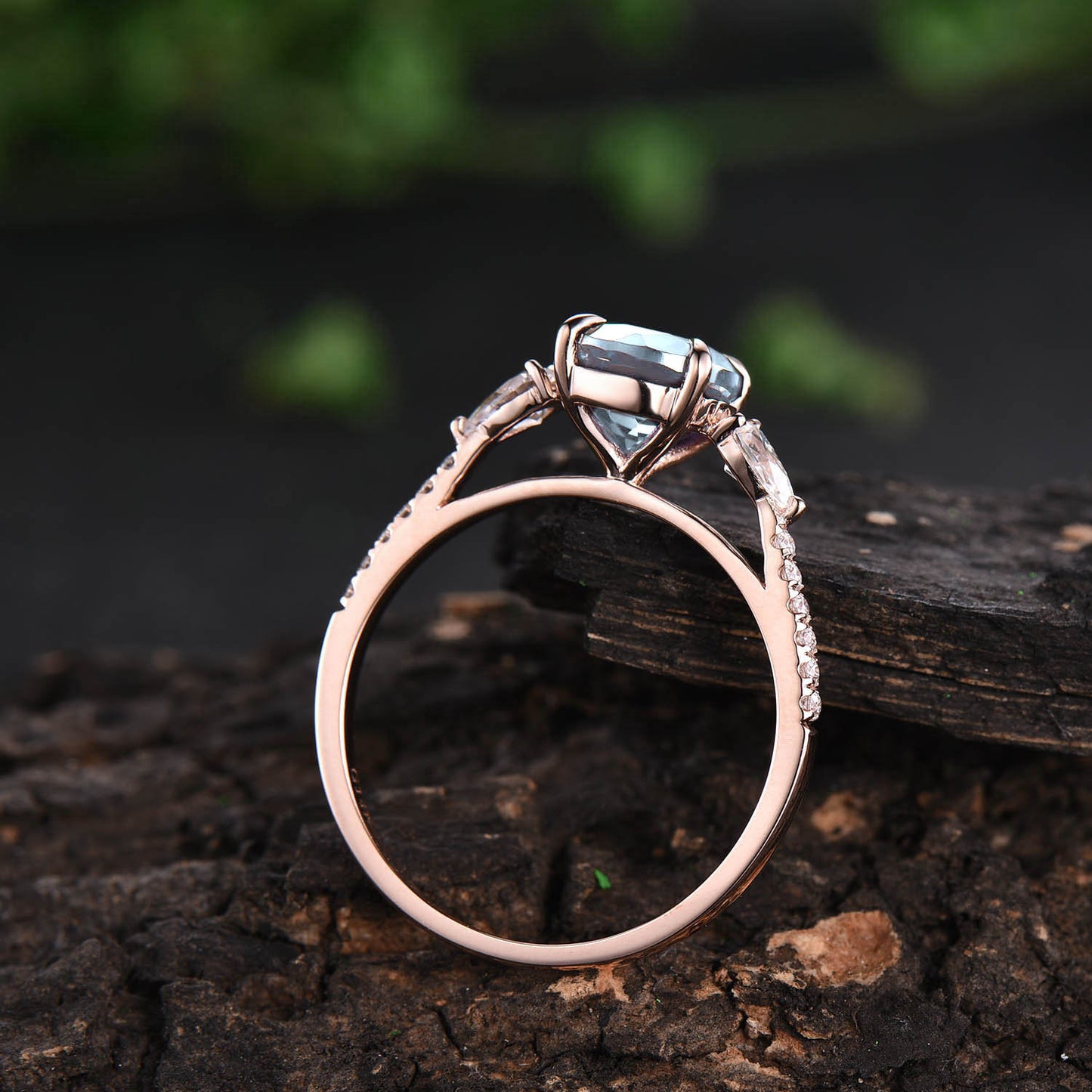 Round aquamarine engagement ring pear moissanite ring half eternity diamond ring rose gold ring March birthstone ring custom jewelry gift