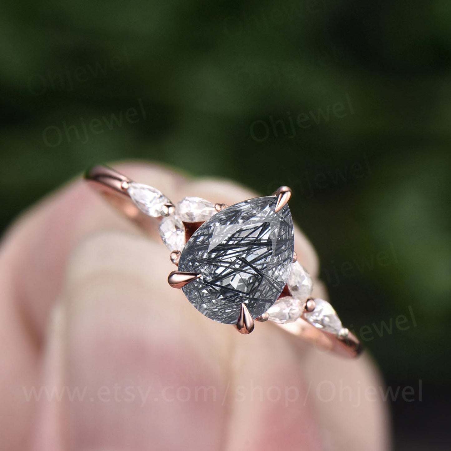 Vintage black rutilated quartz engagement ring pear shaped moissanite ring rose gold 7 stone ring for women antique jewelry bridal gift