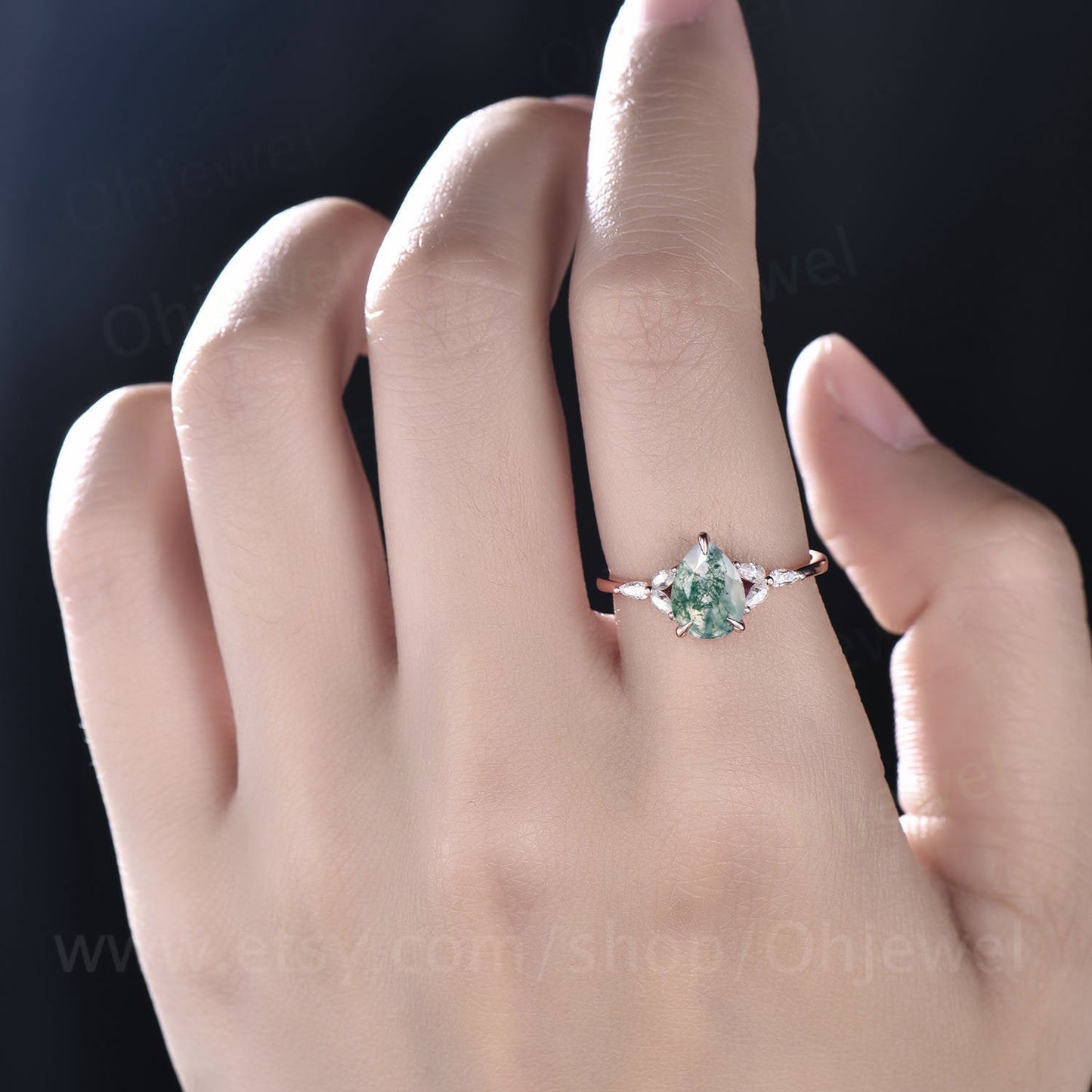 Vintage moss agate engagement ring pear shaped moissanite ring solid rose gold ring 7 stone ring women bridal wedding ring anniversary gift
