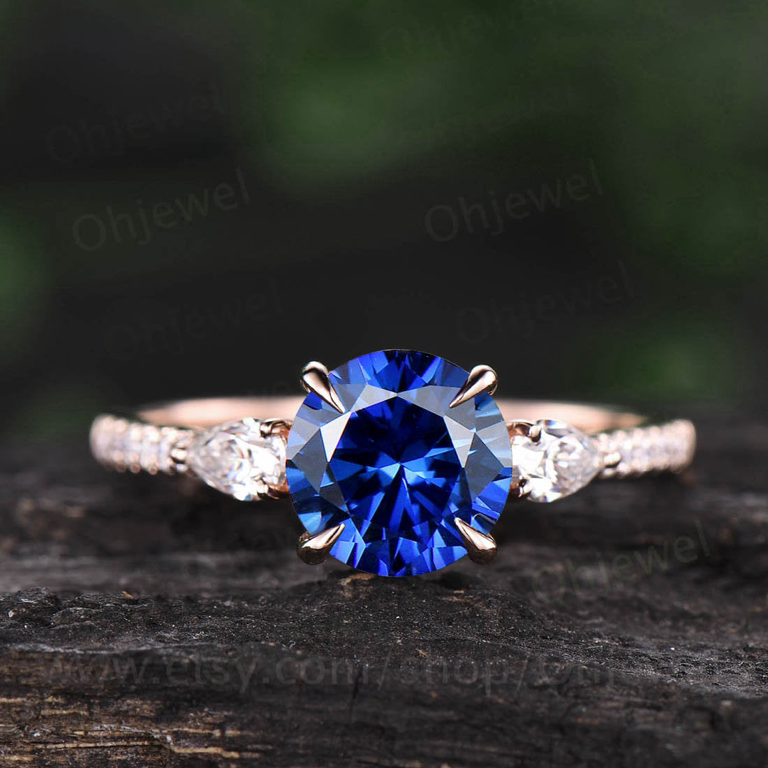 Vintage sapphire engagement ring round sapphire bridal ring rose gold sapphire jewelry half eternity diamond ring September birthstone ring