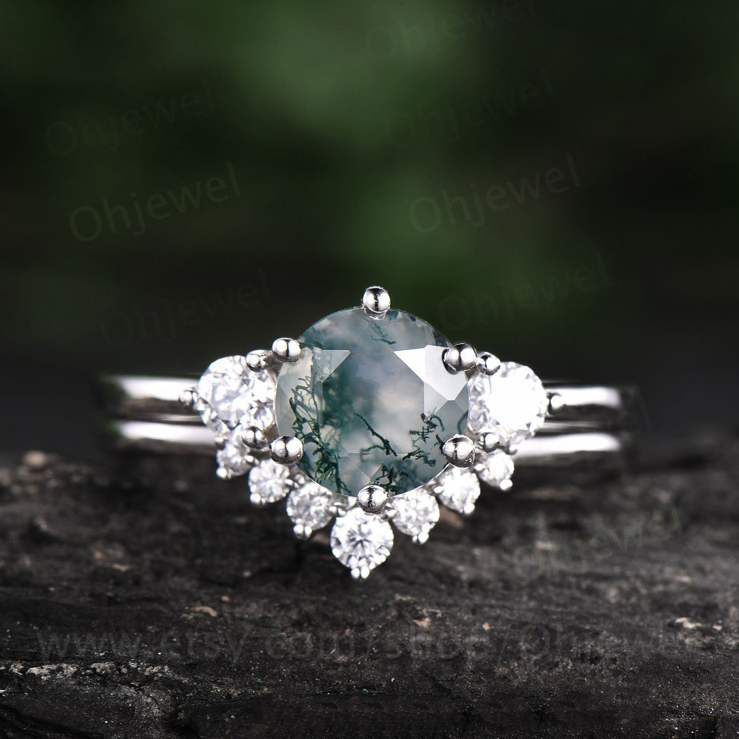 Round moss agate ring set vintage moss agate engagement ring set rose gold moissanite ring set three stone ring for women bridal set gift
