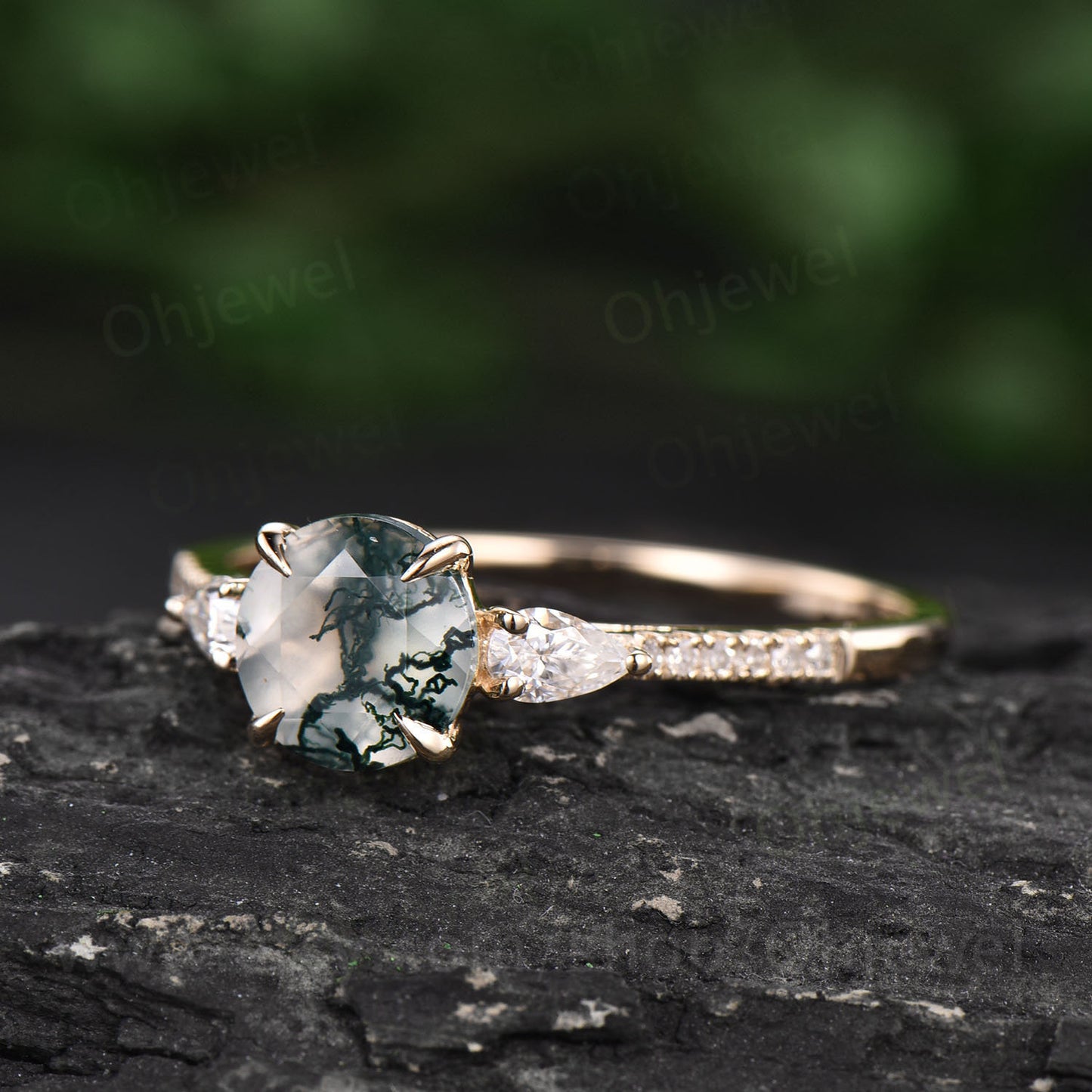 Round moss agate ring vintage moss agate engagement ring pear moissanite ring rose gold ring women half eternity dainty jewelry promise ring