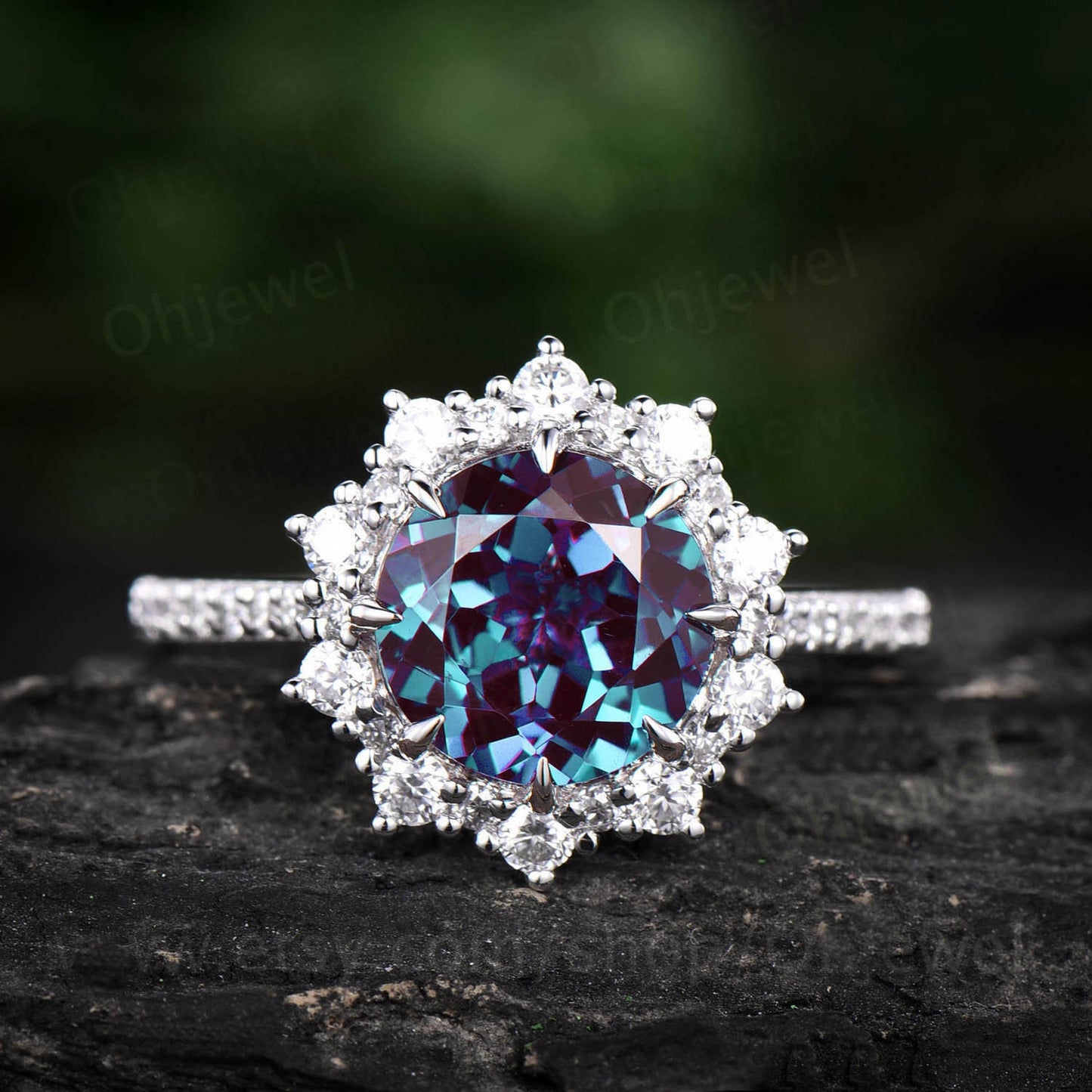 2ct Alexandrite ring set vintage Alexandrite engagement ring set unique halo rose gold engagement ring moissanite wedding ring set women