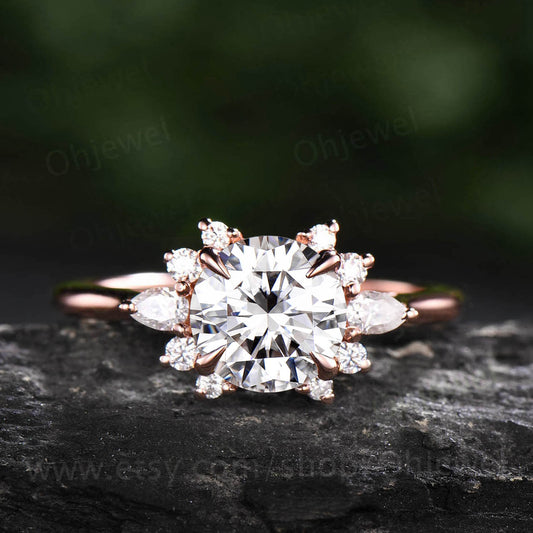 Cluster moissanite ring for women round cut moissanite engagement ring vintage rose gold silver ring anniversary bridal promise ring band