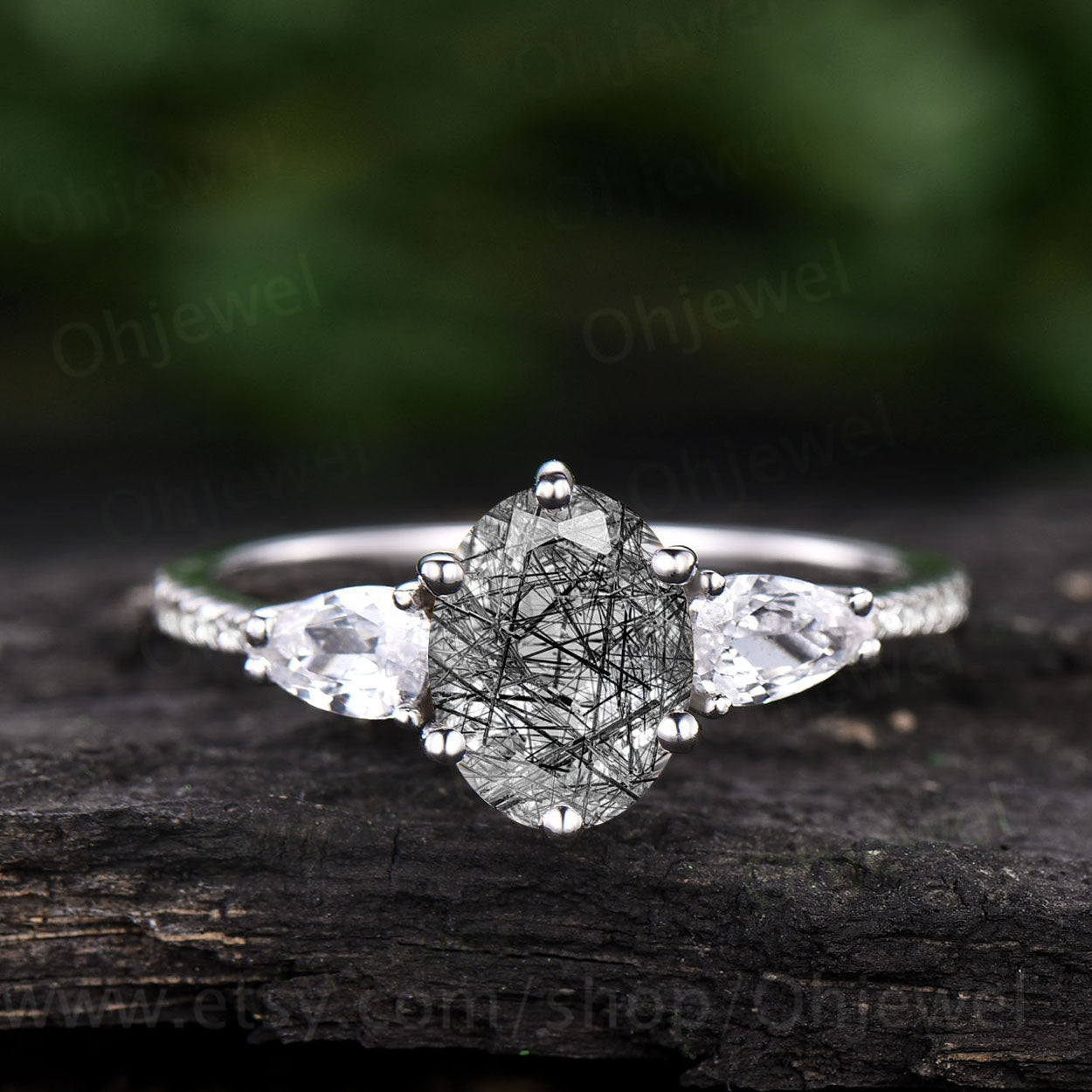 Vintage black rutilated quartz engagement ring pear shaped moissanite ring white gold eternity diamond ring for women black stone ring gift