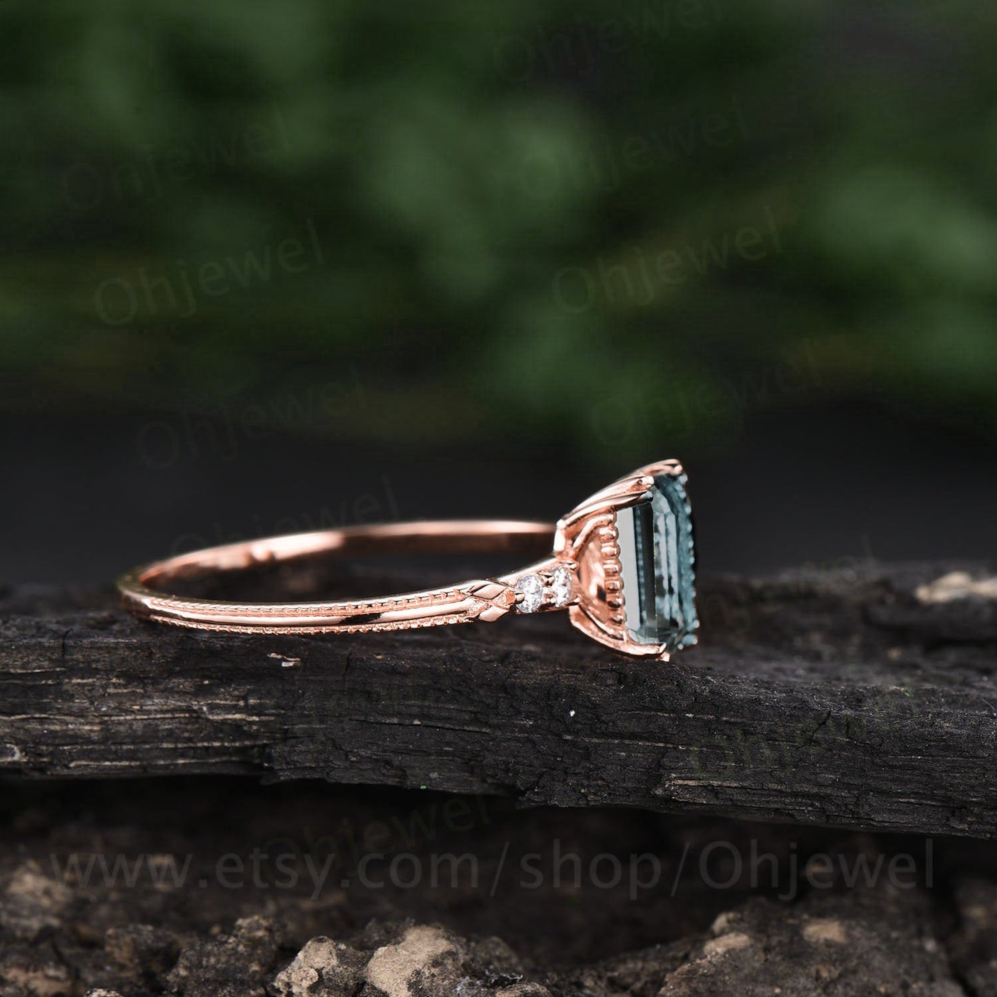 Emerald cut moss agate engagement ring vintage moss agate ring rose gold ring for women organic gemstone ring five stone ring diamond ring