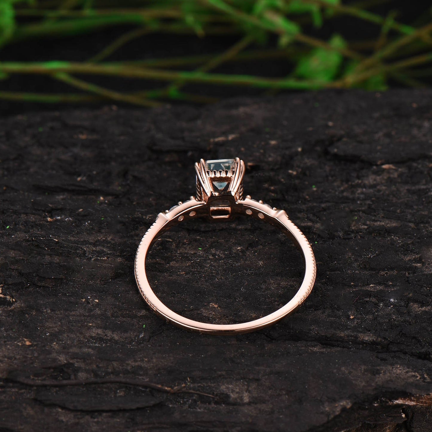 Green Moss Agate Ring 6x8 Emerald Cut Moss Agate Ring Unique Moss Agate Engagement Ring 5 Stone Diamond Ring Gold Sterling Silver Antique