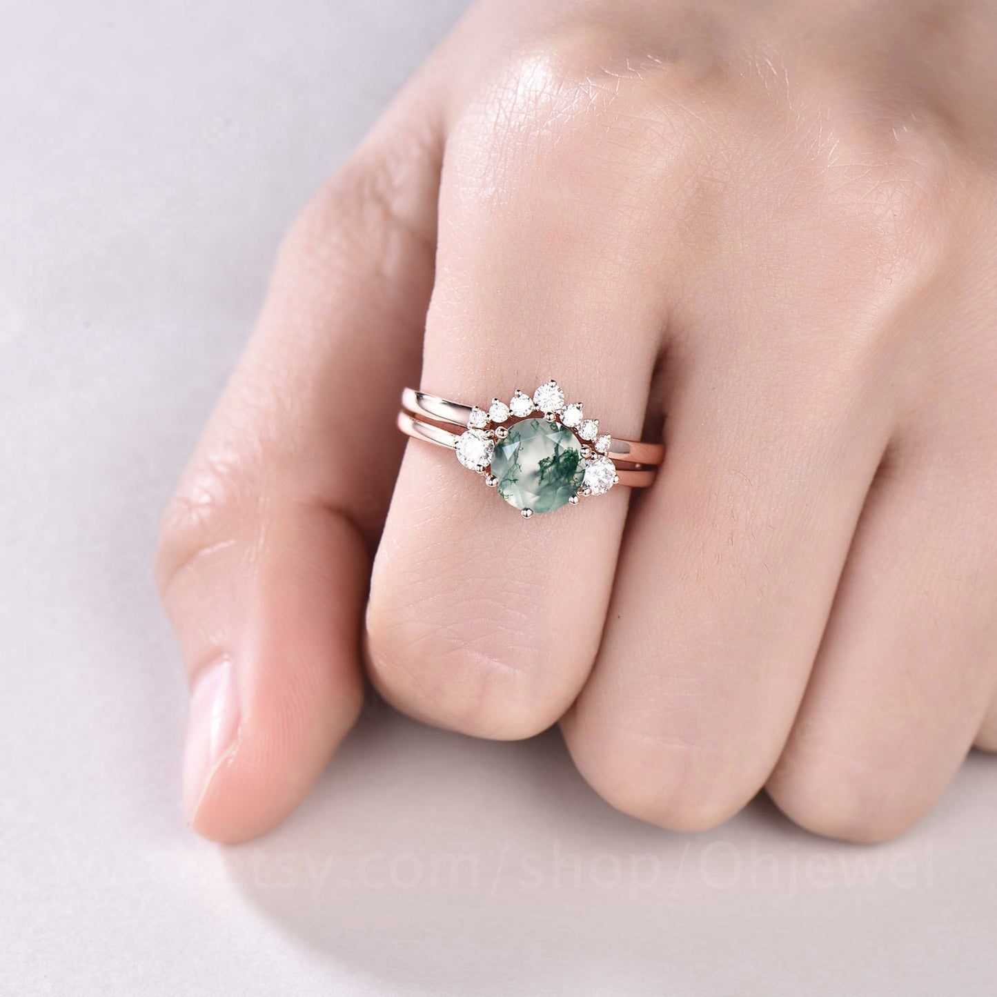 Round moss agate ring set vintage moss agate engagement ring set rose gold moissanite ring set three stone ring bridal ring set for women