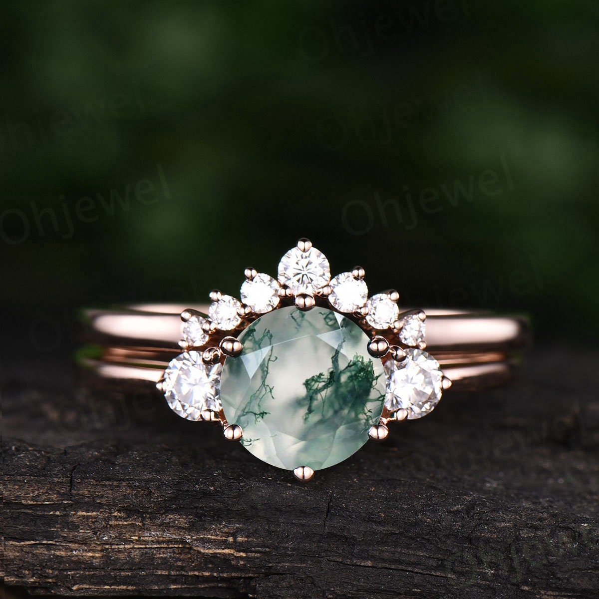 Round moss agate ring set vintage moss agate engagement ring set rose gold moissanite ring set three stone ring bridal ring set for women