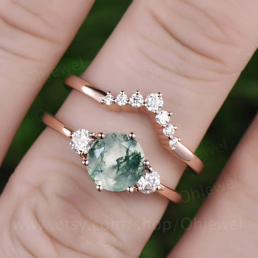Round moss agate ring set vintage moss agate engagement ring set rose gold moissanite ring set three stone ring for women bridal set gift