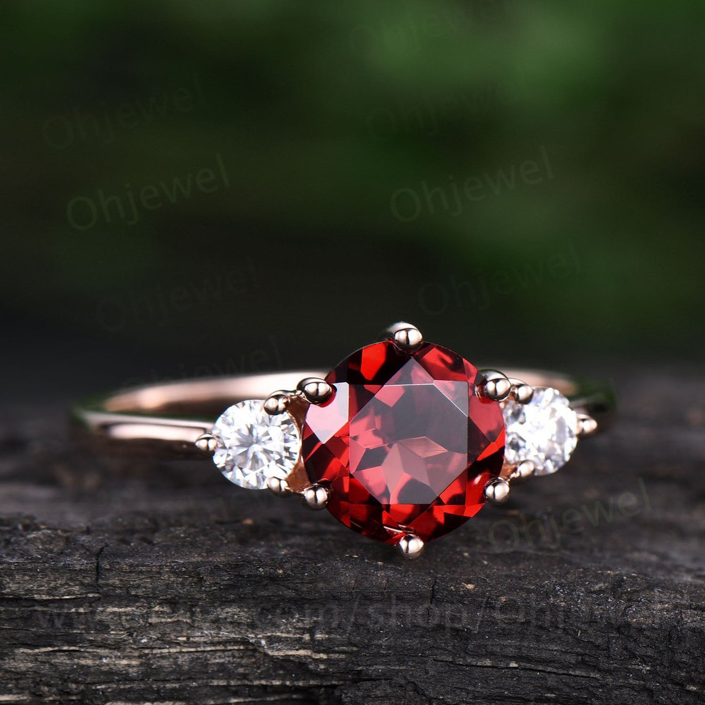 Three stone moissanite ring round red garnet engagement ring solid rose gold garnet ring vintage women wedding bridal ring jewelry gift