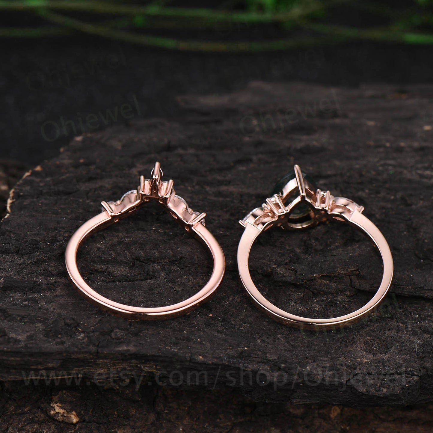 Pear shaped moss agate engagement ring set vintage moss agate ring set marquise moissanite ring set green moss ring 7 stone ring bridal set