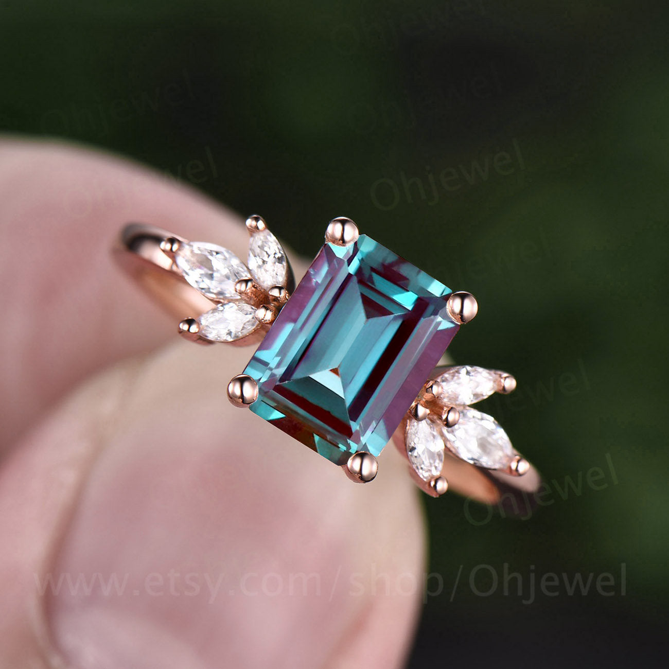 Emerald cut Alexandrite engagement ring 7 stone ring rose gold ring marquise ring unique moissanite ring for women color change stone ring